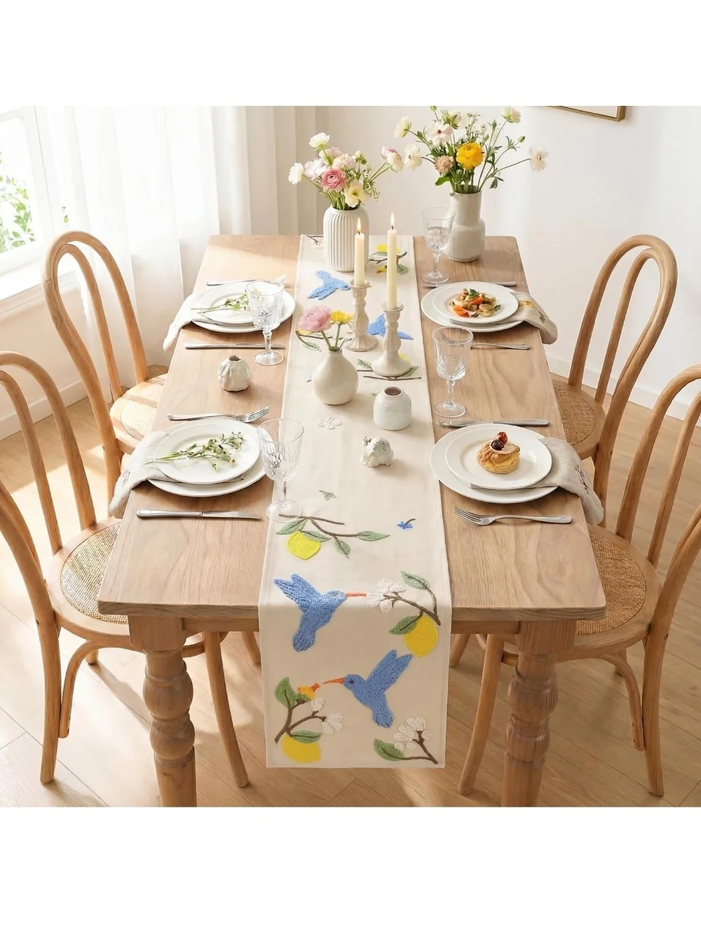 Embroidered Hummingbird Table Runner with Lemons - Blue on Cream